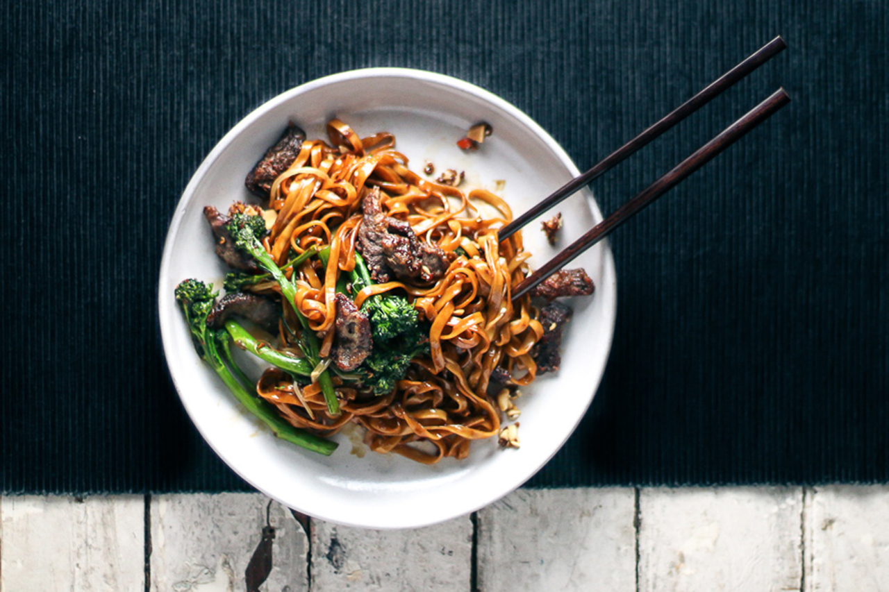 Crispy beef noodles on a counter
