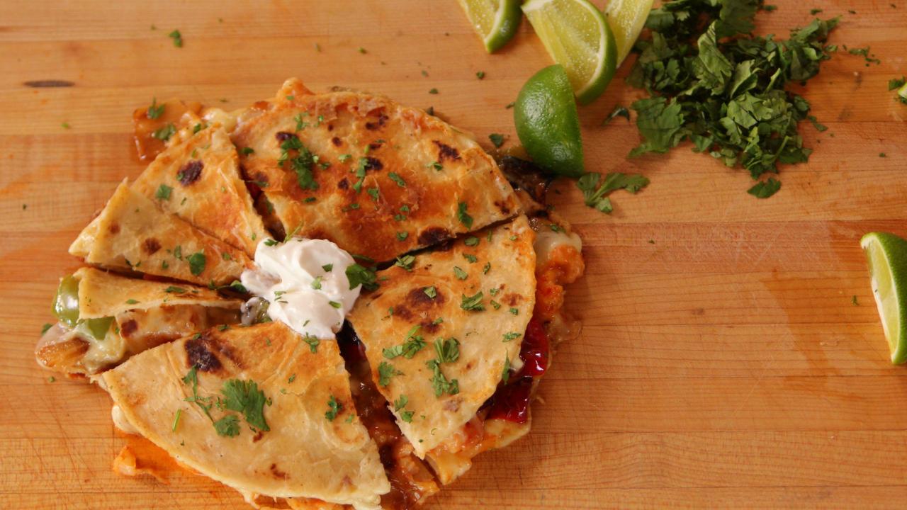 Shrimp and pepper quesadillas with fresh cilantro and lime