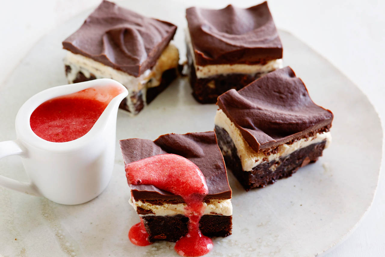 Frozen brownie sundaes on a plate