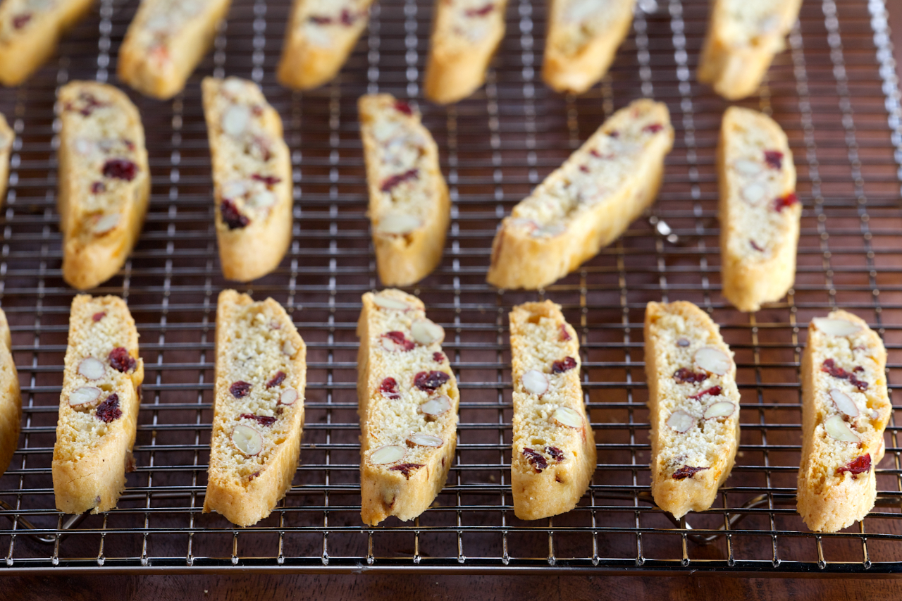 Anna Olson's cranberry and almond biscotti cool on a tray