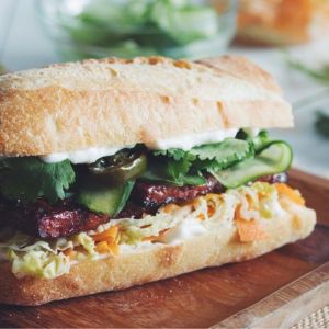 BBQ Tempeh Banh Mi with Pickled Carrots and Cabbage