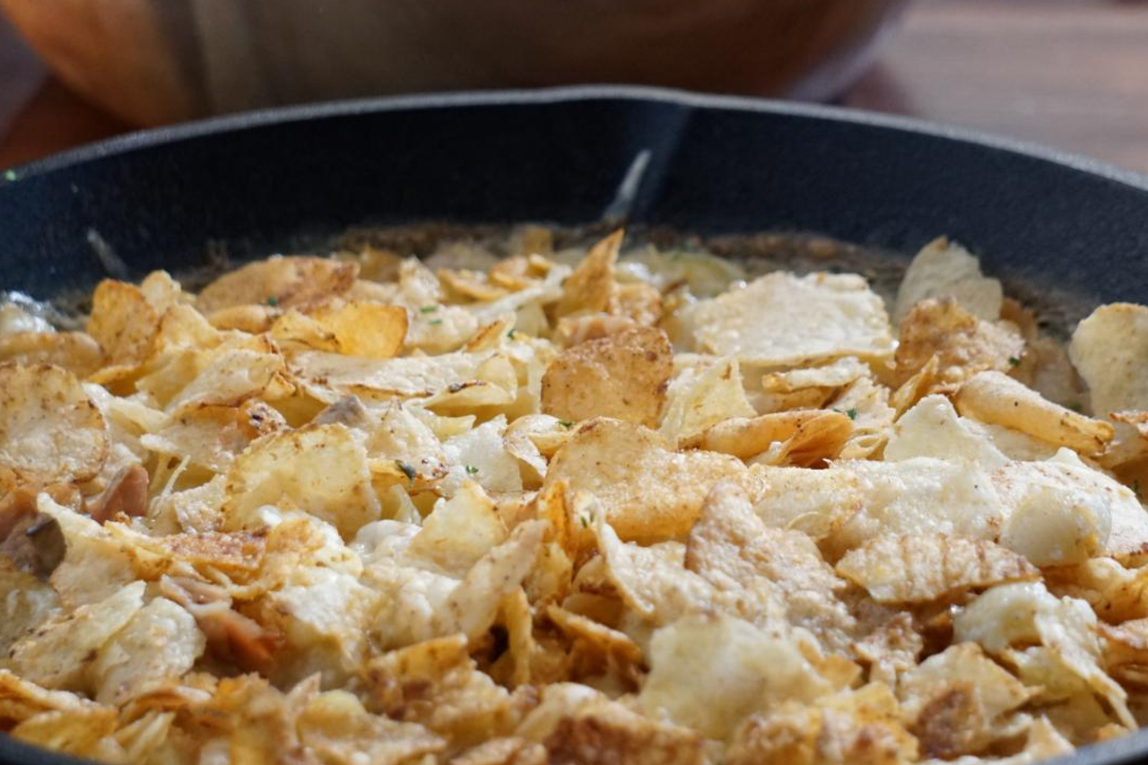 A shot of Ree Drummond's tuna noodle casserole in a pan