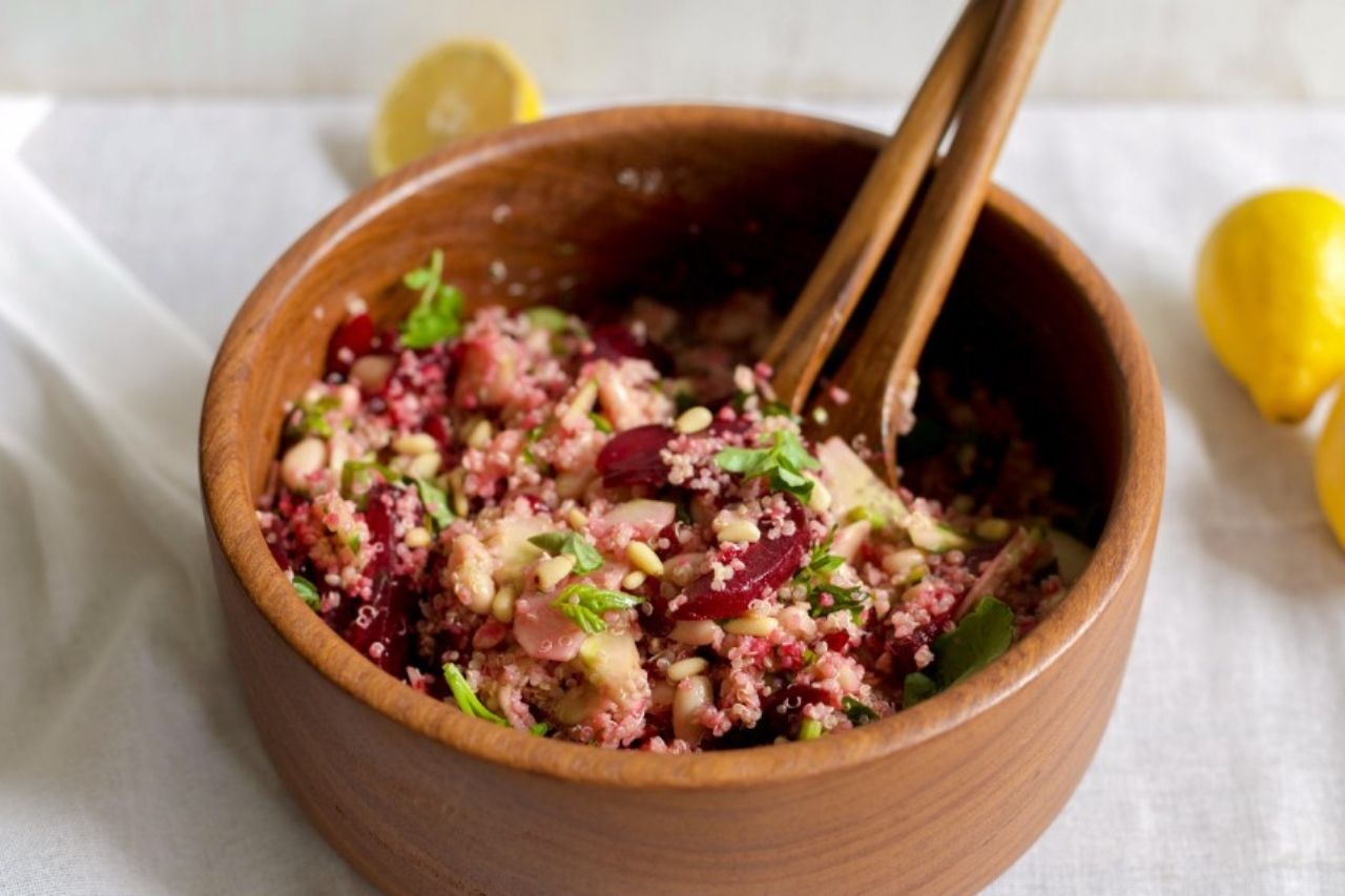 bowl of grain salad with beets and quinoa