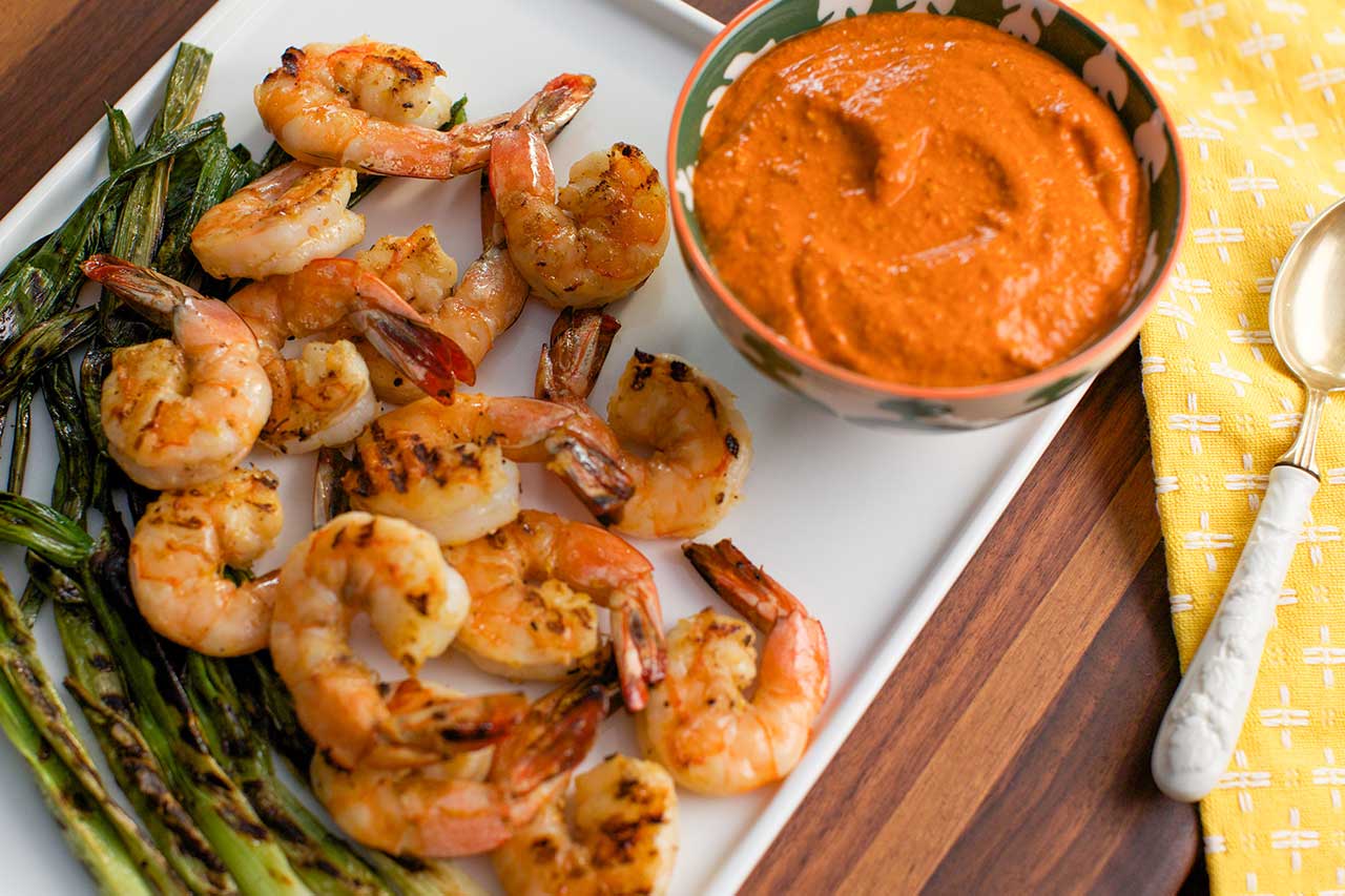 Grilled Shrimp Skewers with Romesco Sauce