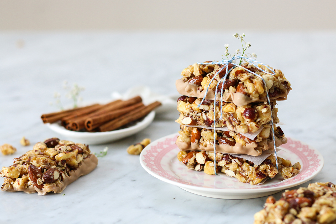 apple granola bars stacked on a plate