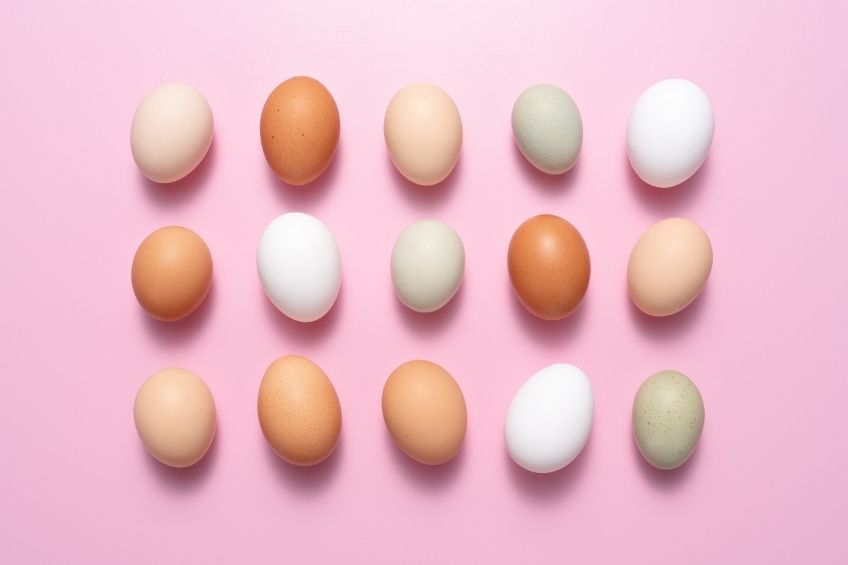 Three rows of multi-coloured eggs on a pink background