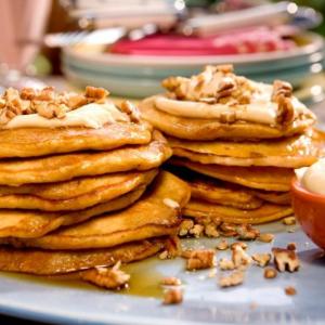 Carrot Cake Pancakes with Maple-Cream Cheese Drizzle and Toasted Pecans