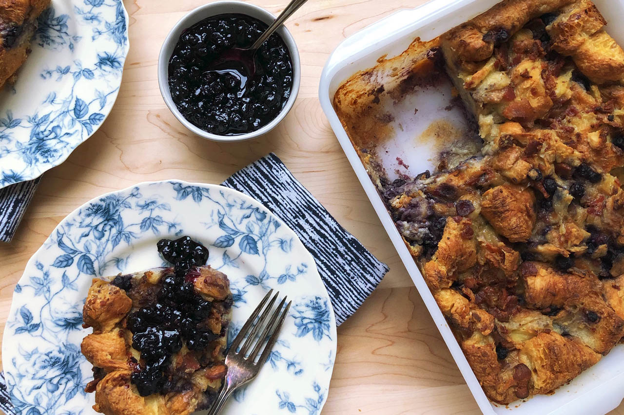 croissant casserole with blueberries and bacon