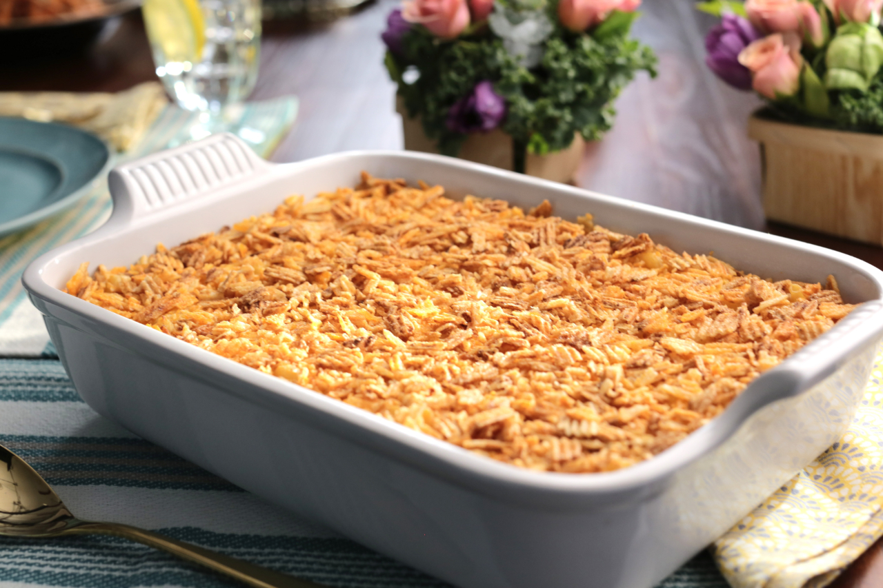 Casserole with crunchy topping in a white casserole dish