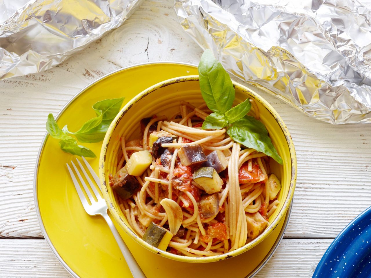 Food Network Kitchen's Healthy Grilled Summer Vegetable Spaghetti Foil Pack.