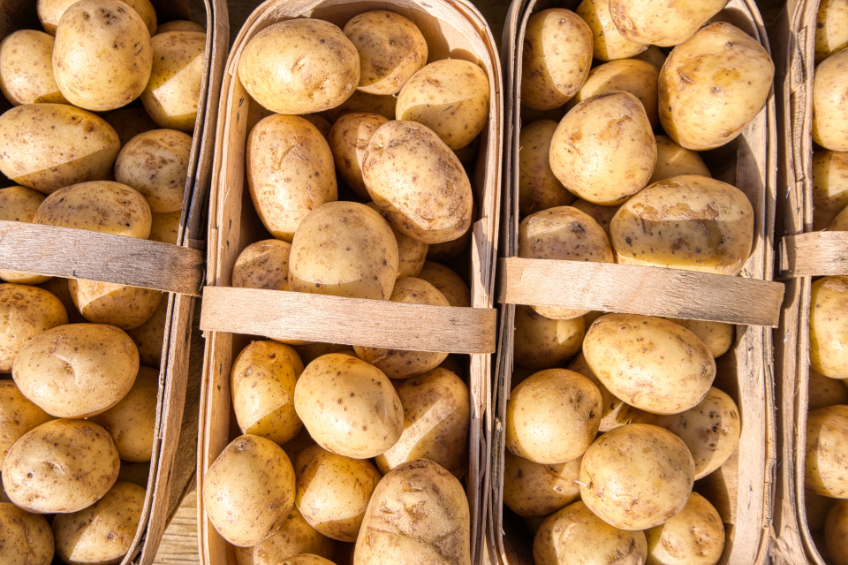 Potatoes in wooden baskets