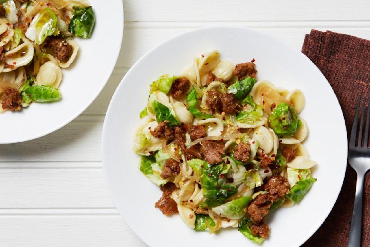 Orecchiette with Vegan Sausage and Brussels Sprouts