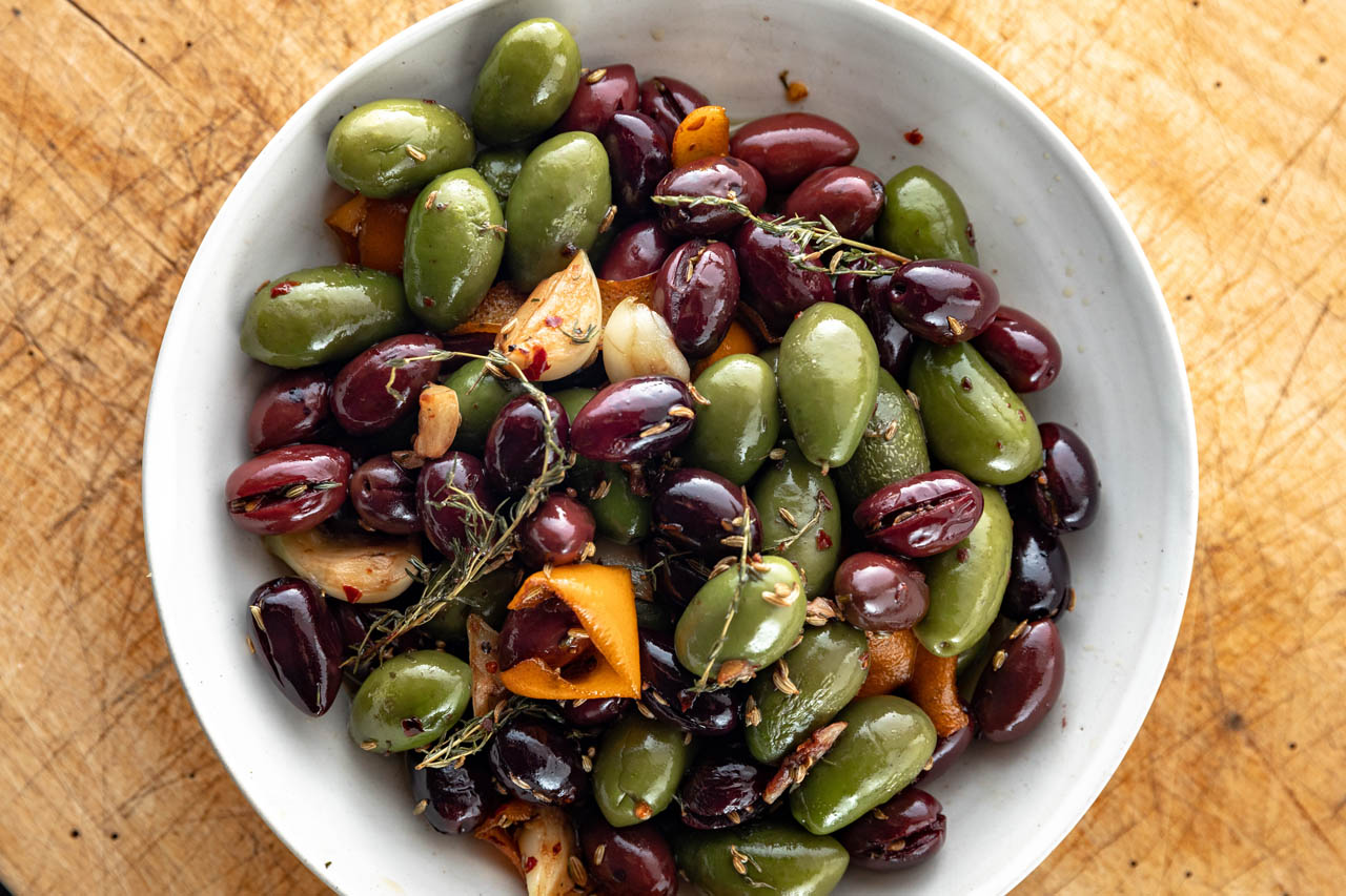 Warm marinated olives