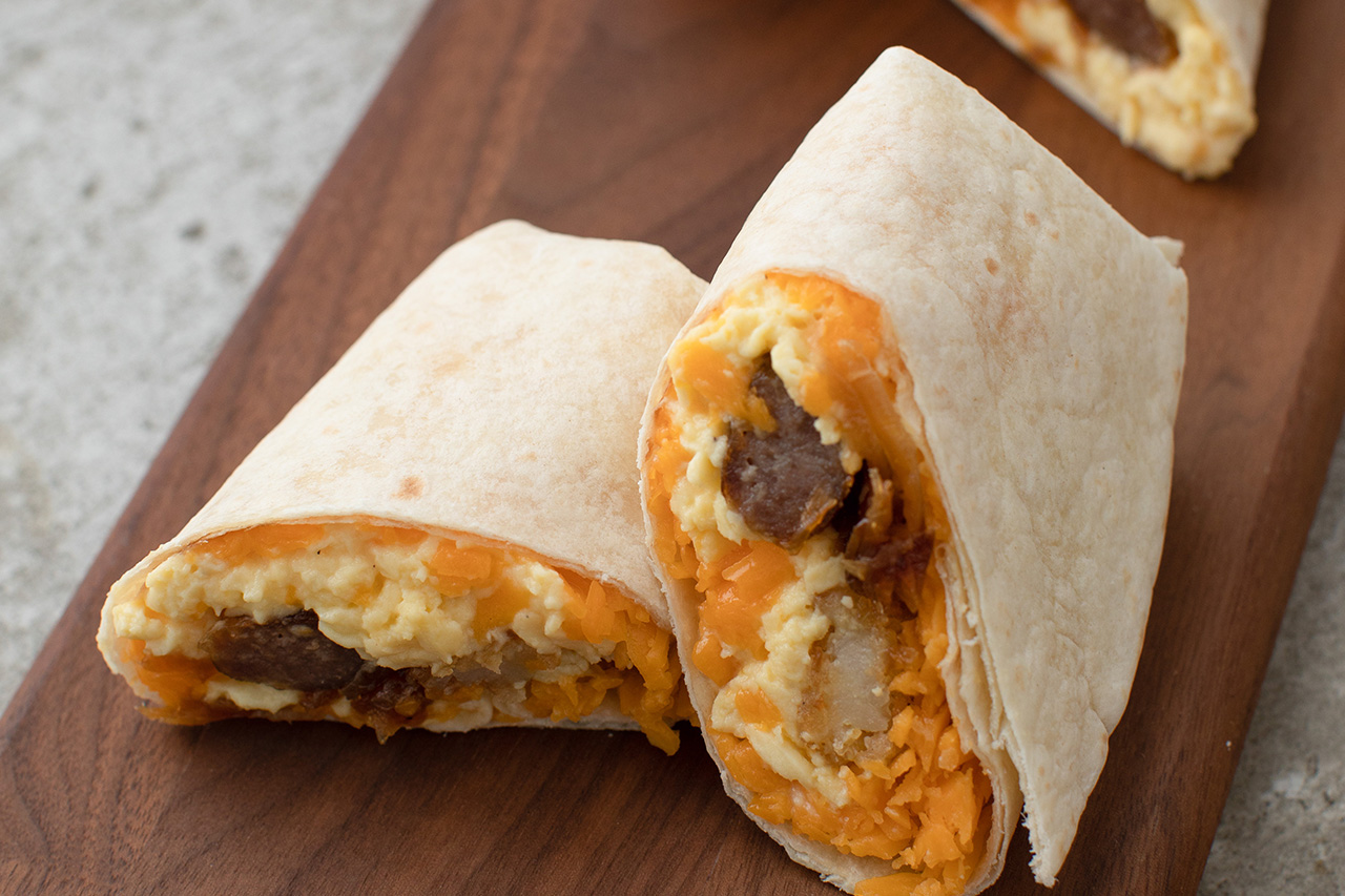 Close-up of Maple Sausage Breakfast Burritos