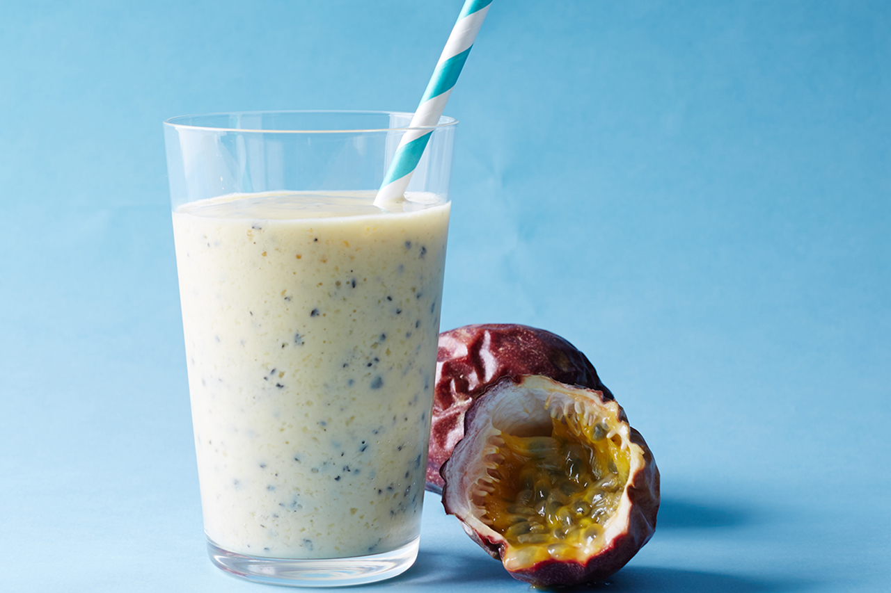 Food Network Kitchen's Passion Fruit Mango Smoothie, as seen on Food Network.