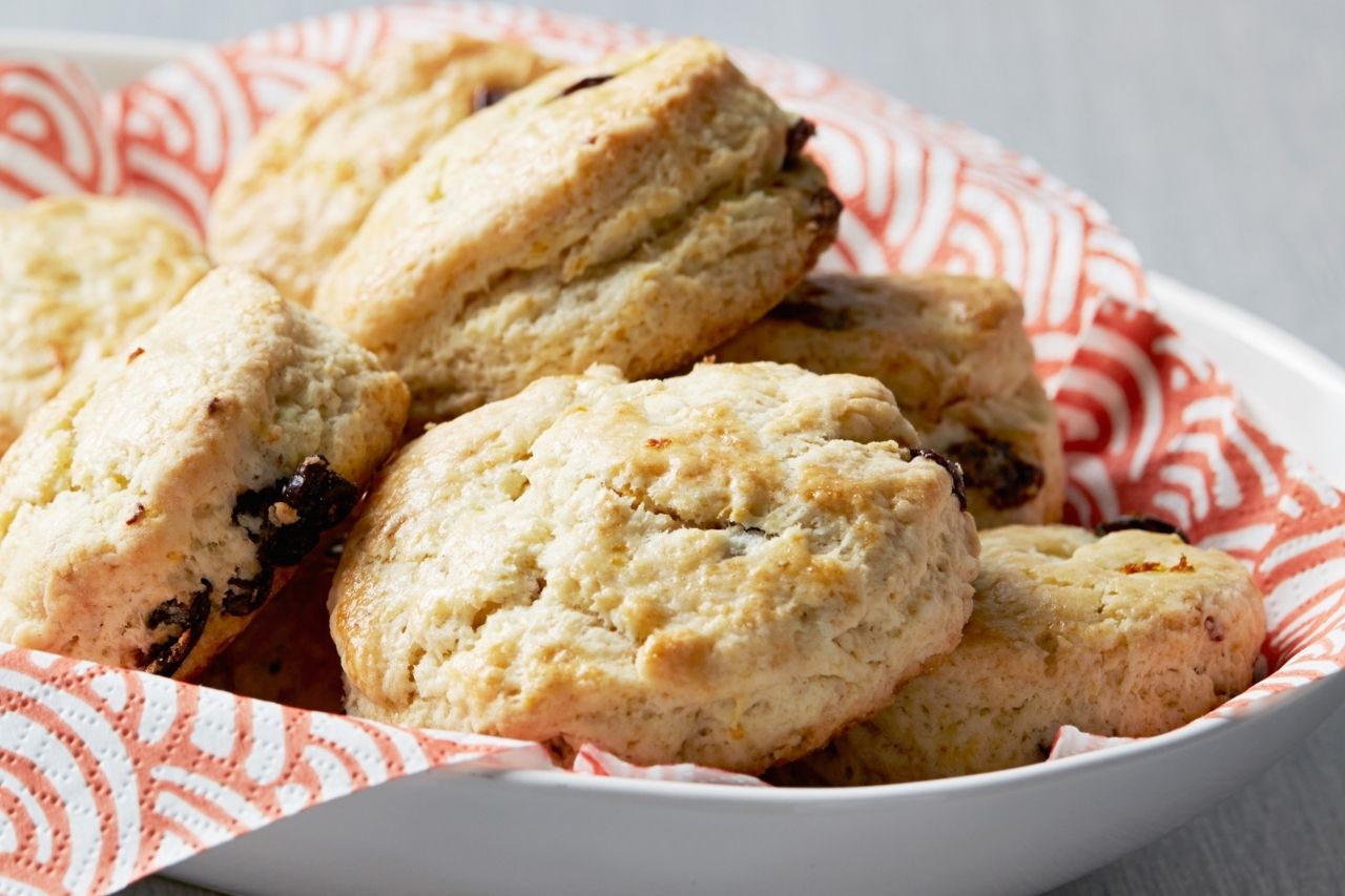 Close up view of a bowl of scones