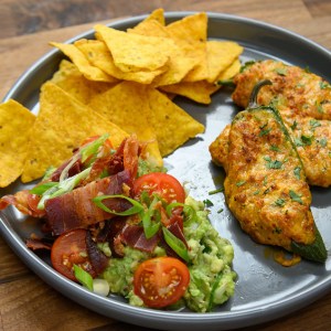 BGT: Bacon, Guacamole and Tomato with Chips and Chorizo Jalapeno Poppers