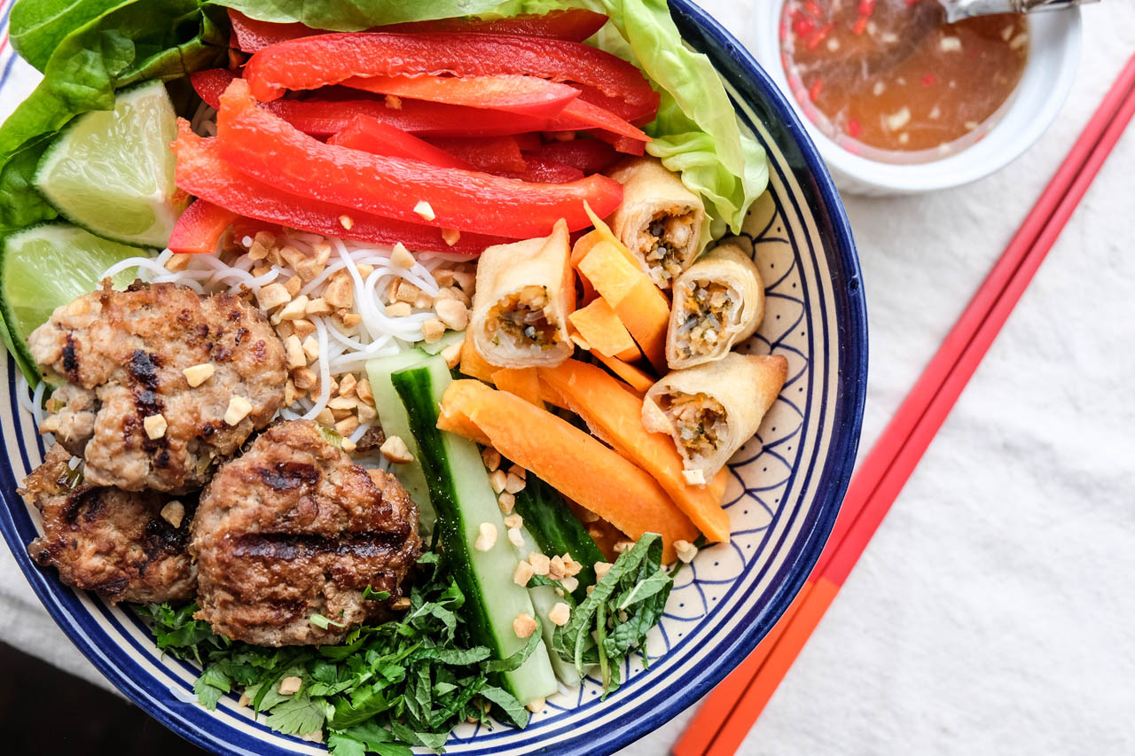 vietnamese noodle bowl with pork patties