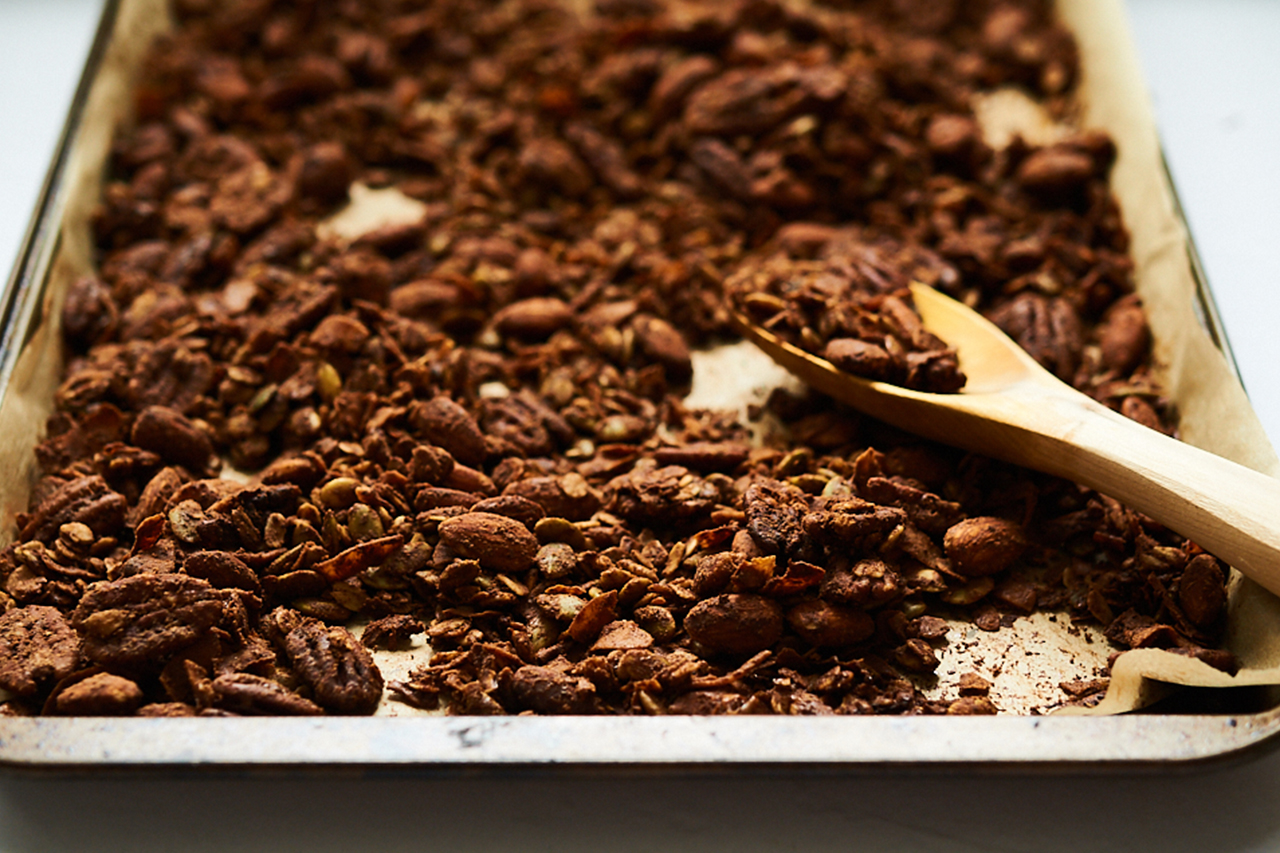 close-up of chocolate tahini coffee granola