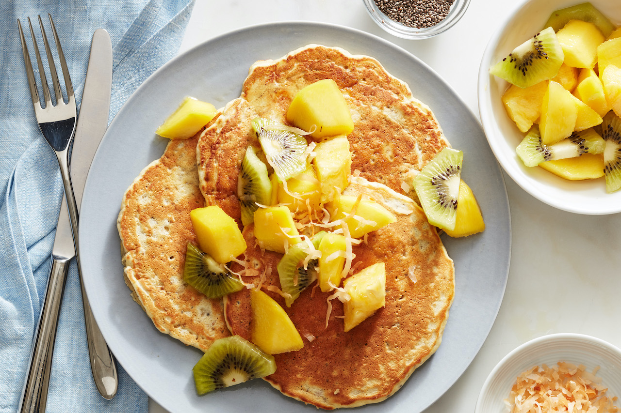 Oat and Chia Seed Pancakes with Mango, Pineapple and Kiwi