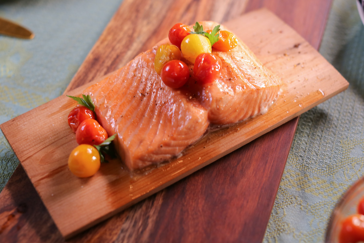Cedar Plank Salmon with Grilled Cherry Tomatoes
