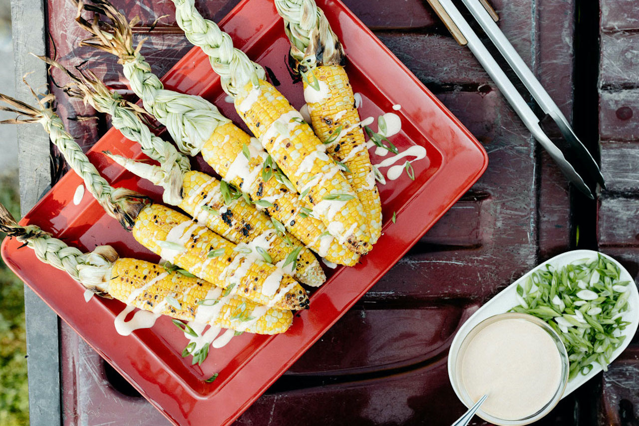 Grilled Corn on Cob with Kimchi Mayo and Scallions
