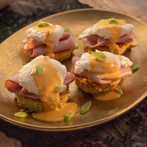 Fried Green Tomato Benedict with Easy Cajun Hollandaise