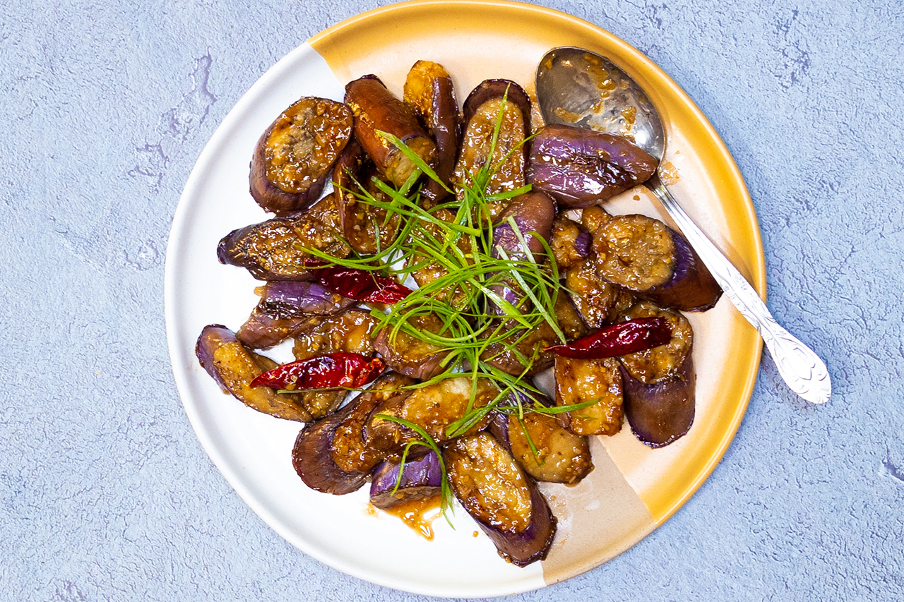 stir-fried eggplant on plate