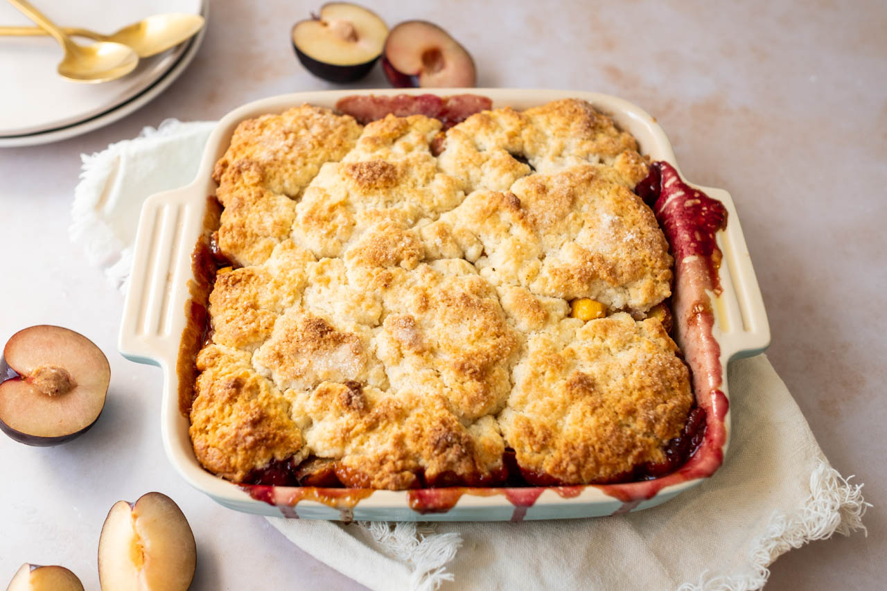 Peach plum cobbler, baked and bubbling