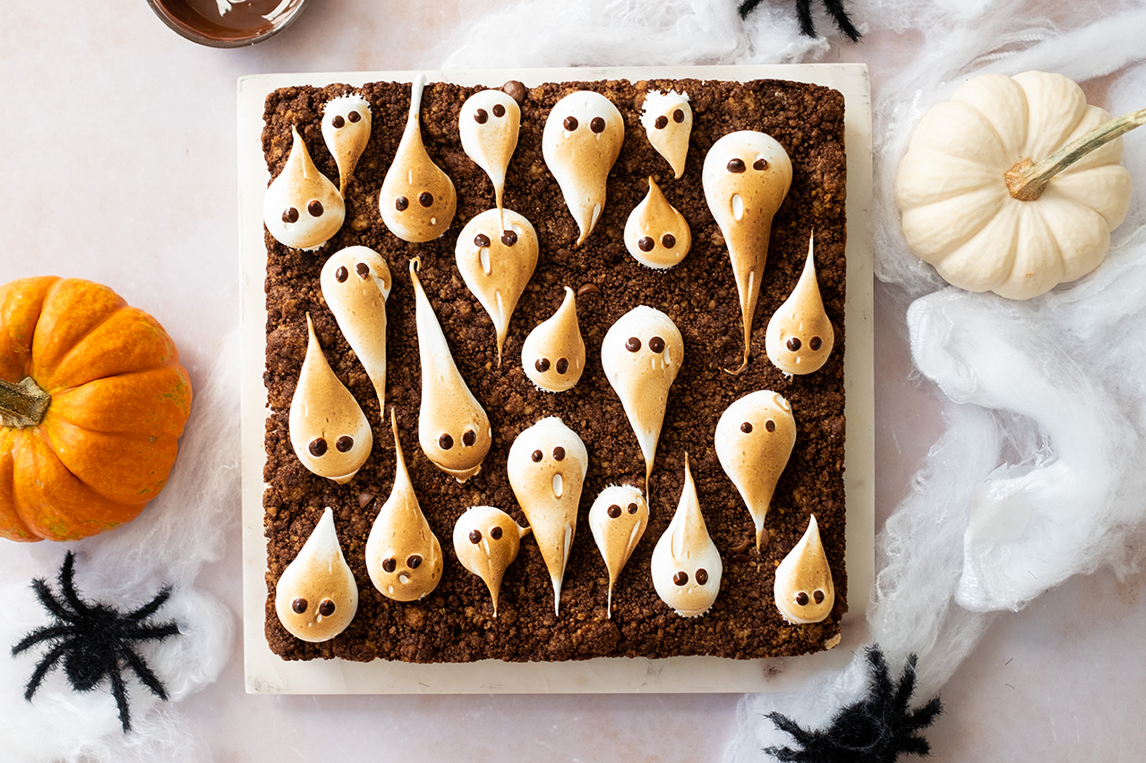Spooky Halloween bars on a tray with Halloween decorations