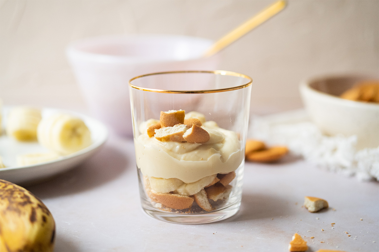 Glass of Healthier Banana Pudding in see-through glass