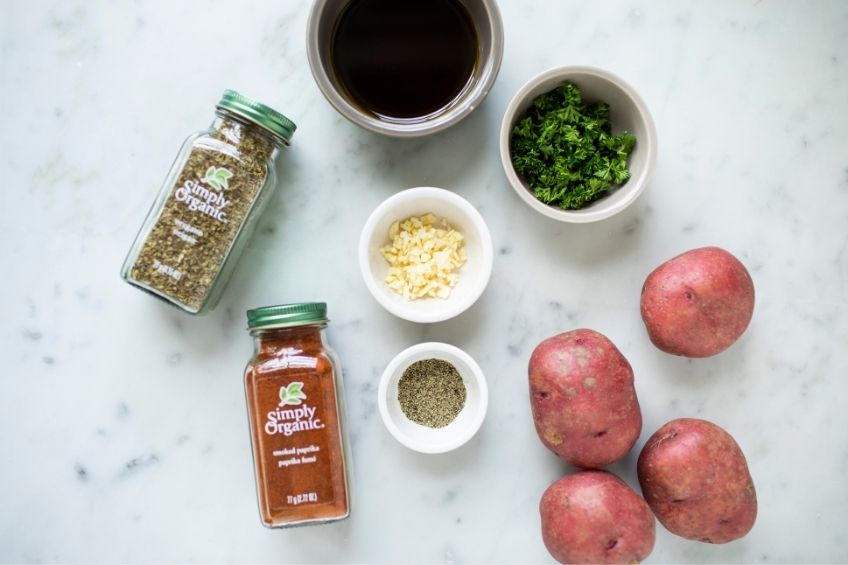 Crispy potato ingredients on kitchen countertop