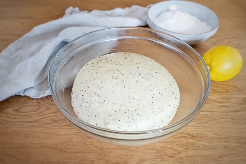 Lemon poppy seed bun dough on countertop