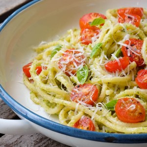 30-Minute Pasta With Green Garlic Pesto and Roasted Tomatoes