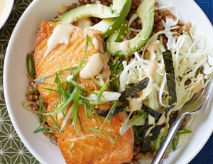 Wheat Berry Bowl with Salmon and Miso Sauce