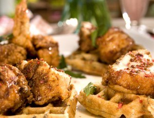 Fried Chicken and Wild Rice Waffles with Pink Peppercorn Sauce