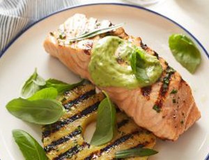 Grilled Salmon and Pineapple with Avocado Dressing