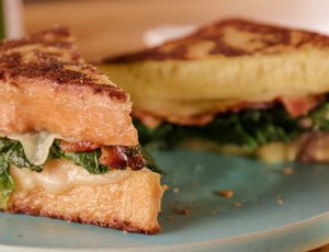 Stuffed French Toast with Gruyere, Mustard Greens and Double-Smoked Bacon