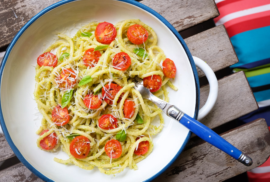green garlic pesto pasta on a plate
