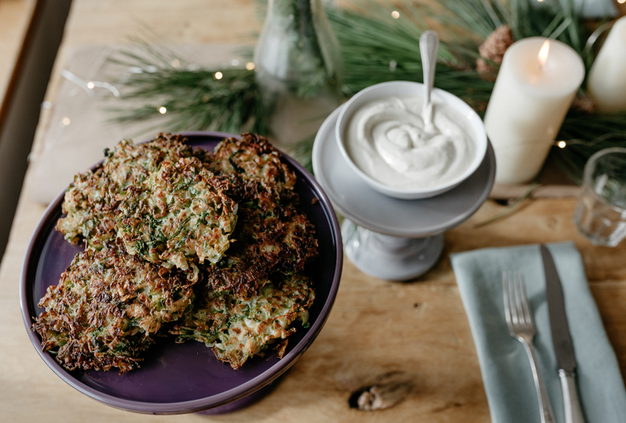 Host Molly Yeh's Brussels Sprouts Latkes &amp; Balsamic Dijon Sour Cream, as seen on Girl Meets Farm, Season 2.