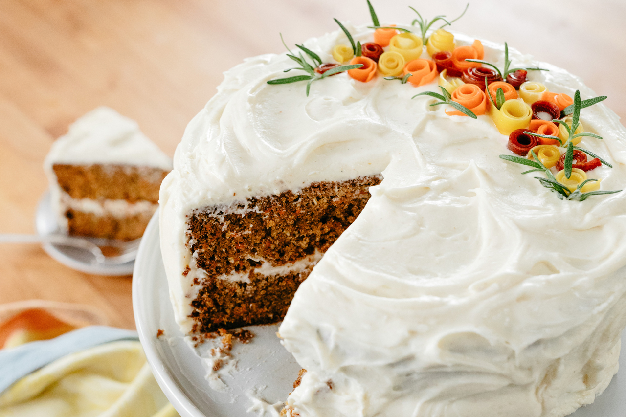 Beauty shot of Molly Yeh's carrot cake with spiced cream cheese icing