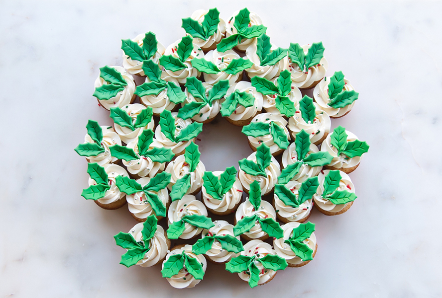 Christmas cupcake wreath on a countertop