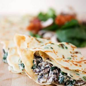 Green Onion Parmesan Crepes with Ricotta, Spinach and Bacon