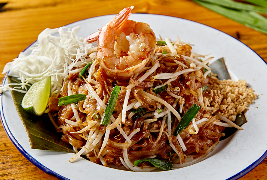A plate of pad Thai noodles