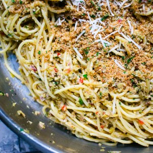 Spaghetti with Olive Tapenade and Toasted Garlic Breadcrumbs