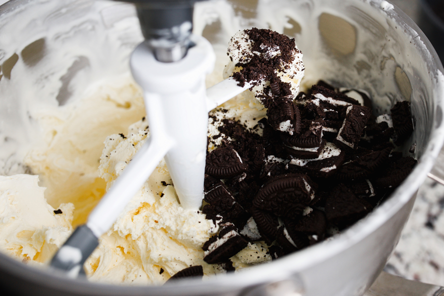 ice cream and oreos in a stand mixer