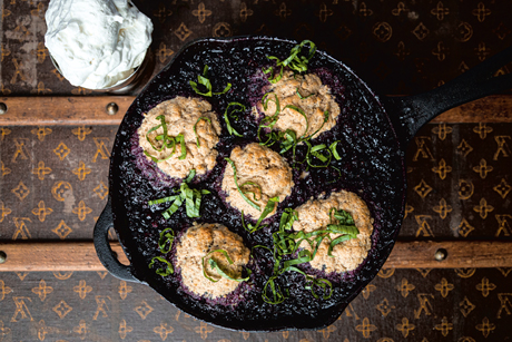 Michael Smith's wild blueberry grunt with cardamom dumplings and fresh basil from Farm, Fire & Feast: Recipes from the Inn at Bay Fortune