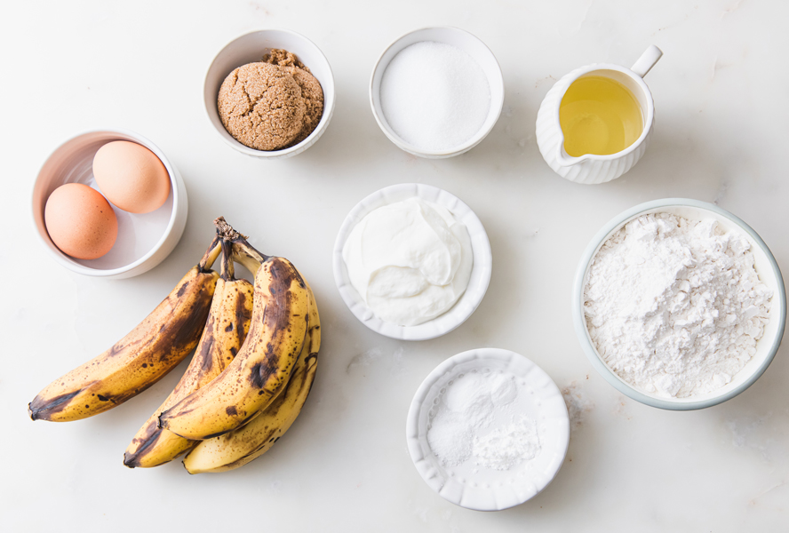 Ingredients for the perfect banana bread recipe