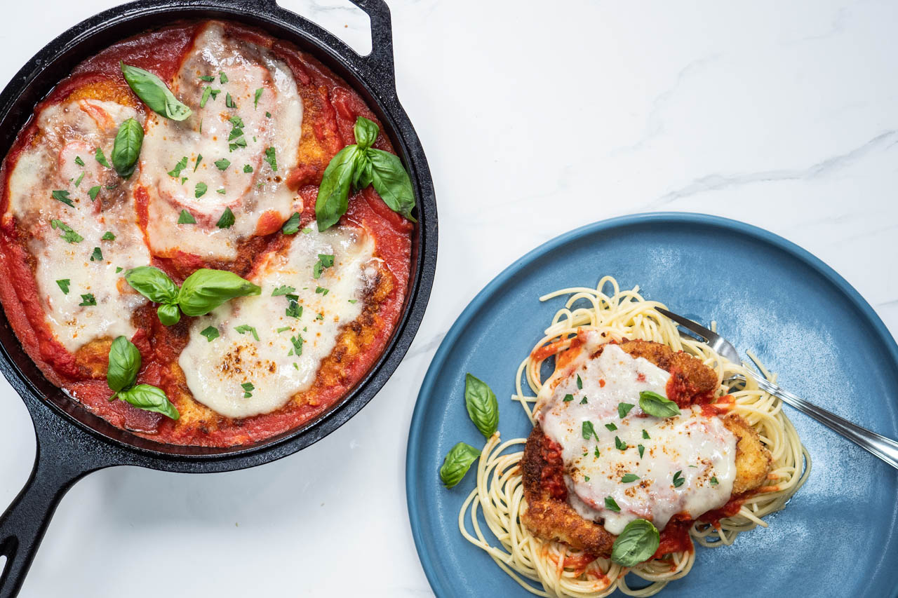 one-pan chicken parm in a skillet