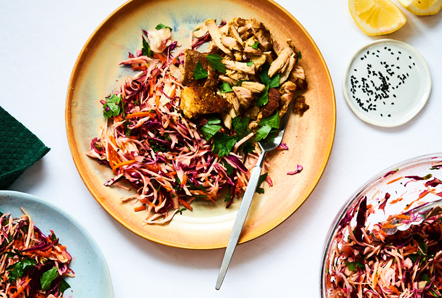 slow cooker chicken shawarma over cabbage slaw